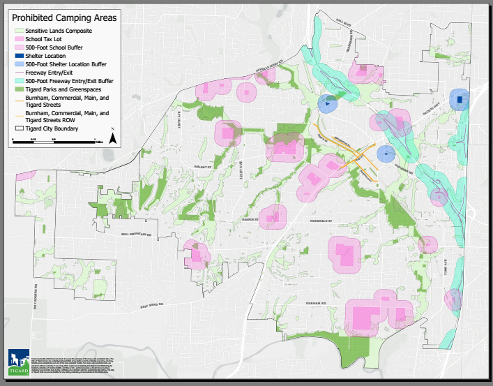 The map above outlines the areas where camping is prohibited in the City of Tigard