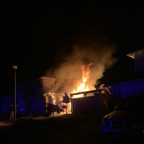 building on fire at night